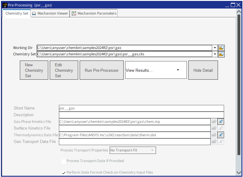 Chemkin Pre-Processing Panel
